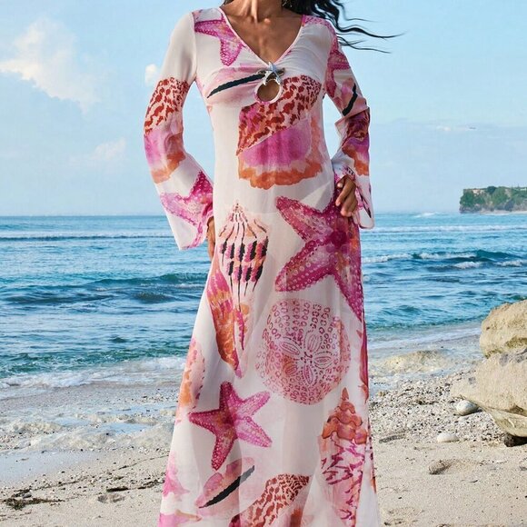 Pink Boho Women's Printed V-Neck Long Sleeve Dress - Picture 6 of 8